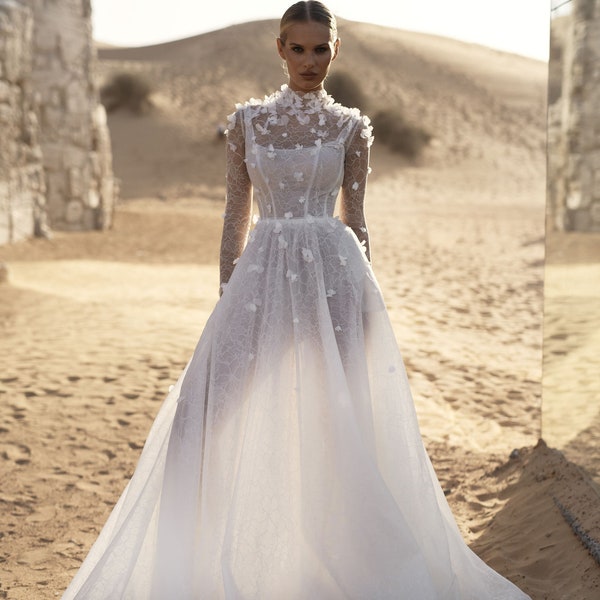 Ethereal A-Line Wedding Dress With Long Sleeves and Fine Chantilly Lace Leocadia