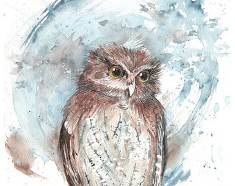 Mucarito, Puerto Rican Screech owl- FINE ART PRINT from original Watercolor