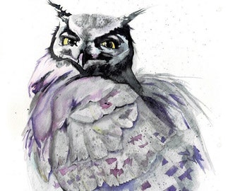 Cosmic Tucúquere, Great horned Owl - FINE ART PRINT from original Watercolor