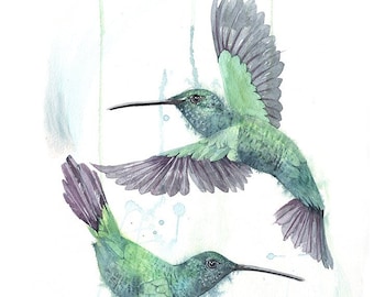 Hummingbird watercolor- Green Mango duo- FINE ART PRINT from original Watercolor