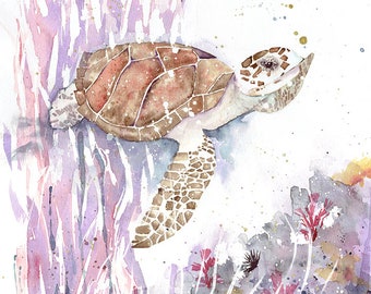 Hawksbill marine turtle in coral reef- FINE ART PRINT from original Watercolor, certificate of authenticity