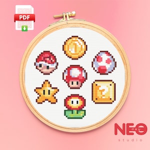 Mario Power Up Cross Stitch Pattern PDF Downloadable Video Game Super Kart Retro Gaming Beginner Easy Kids Pattern Keeper Compatible