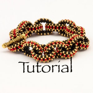 May include: A red, black and gold beaded bracelet with a clasp. The bracelet is made with small seed beads and has a woven pattern. The word "Tutorial" is written below the bracelet.