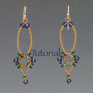 May include: A pair of gold beaded earrings with a teardrop shape. The earrings feature green, purple, and iridescent beads. The earrings are approximately 3 inches long.