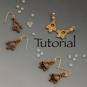 May include: Three pairs of beaded earrings with gold-toned fittings. The earrings are made with small brown and purple beads. The word "Tutorial" is written in black text on a grey background.