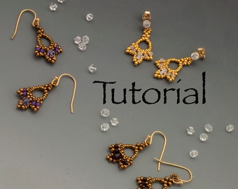 May include: Three pairs of beaded earrings with gold-toned findings. The earrings are made with small brown and purple beads. The word "Tutorial" is written in black text on a gray background.