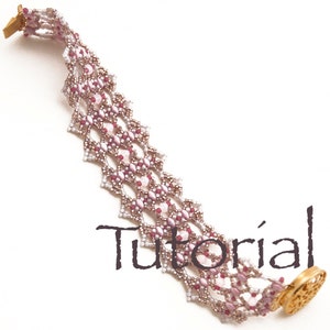 May include: A delicate beaded bracelet with a gold clasp. The bracelet is made with small pink, white, and gold beads in a geometric pattern. The word "Tutorial" is written in black below the bracelet.