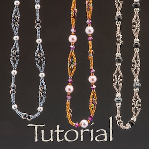 May include: Three beaded necklaces with different color schemes and bead patterns. The necklaces are hanging against a dark background with the word "Tutorial" written below them.