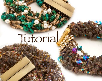 May include: Two multi-strand bracelets with gold clasps. The top bracelet features turquoise and white beads, while the bottom bracelet features gray and iridescent beads.