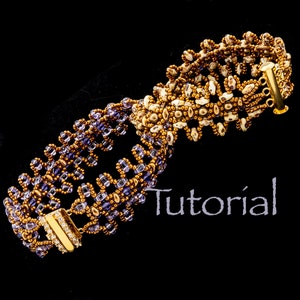 May include: Two beaded bracelets with a gold clasp. The bracelet on the top is made with white and brown beads, while the bracelet on the bottom is made with purple and gold beads. The bracelets are arranged in a figure of eight shape. The word "Tutorial" is written in white text on a black background.