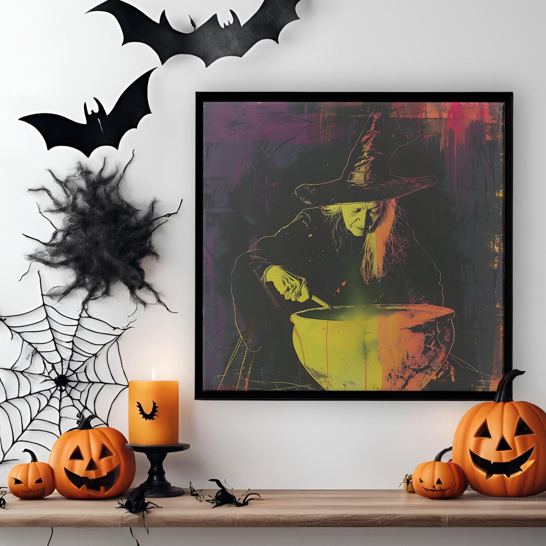 Witch Brewing Cauldron Spooky Halloween Themed Canvas Art With Black or ...