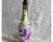 Oil Soap Dispenser Wine Bottle Shabby Hand Painted Chic Purple Lavender Roses ECS schteam sct SVFteam