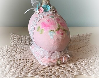 Large Pink Egg EGG on Stand Hand Painted PINK Roses Easter Spring Decor Decoration