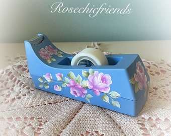 Shabby Home Office White Scotch Tape Dispenser with Hand Painted Pink Roses