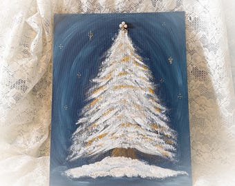 Original Glittered Christmas Tree Painting: Shabby Chic Gold, Navy Blue (14x11)