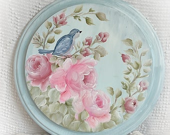 PINK Roses 11” Round wood Hand Painted Blue Birds Art Original Painting Shabby Chic