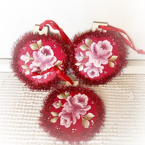 Red Ornament Wood Shabby Chic Hand Painted Roses Christmas decor Decoration image 2