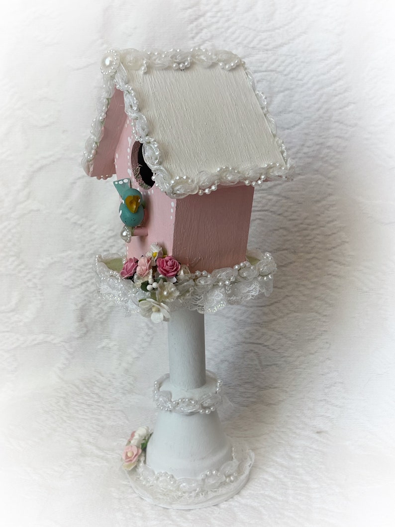 Pedestal PINK BIRDHOUSE Shabby Cottage Hand Painted Chic image 2