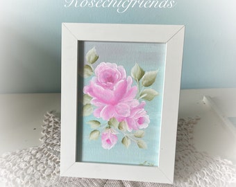 7x5 White Framed Canvas of Hand Painted Pink Roses Shabby Chic Cottage