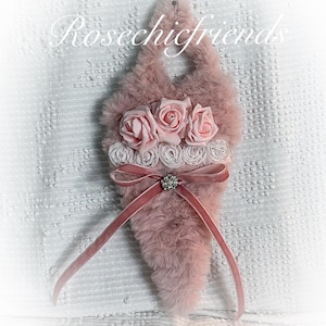 8” Pink Chenille Valentines Day Hanging Heart Wall Decor Shabby Chic