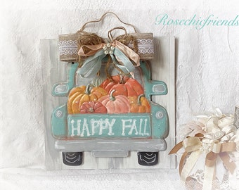 11x11 Aqua Blue Metal Truck Hand Painted Shabby FALL Pumpkins Sign Plaque Decor Chic ECS