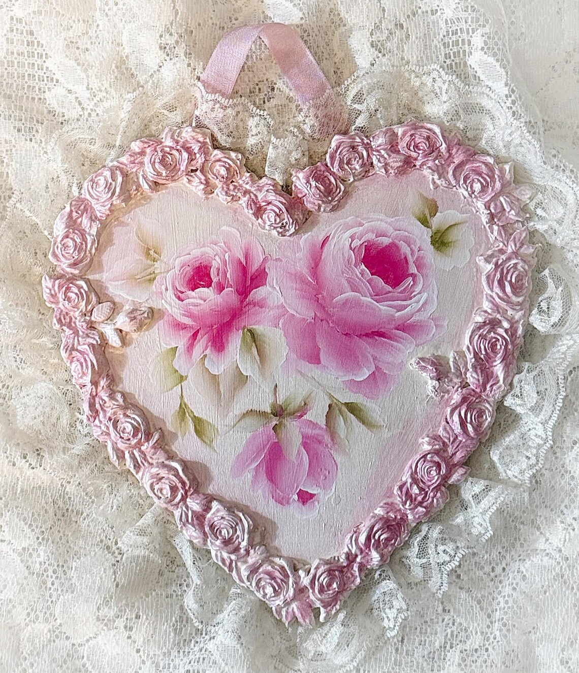 Pink HEART Shabby Chic Hand Painted Pink Roses Wall Hanging Plaque ...