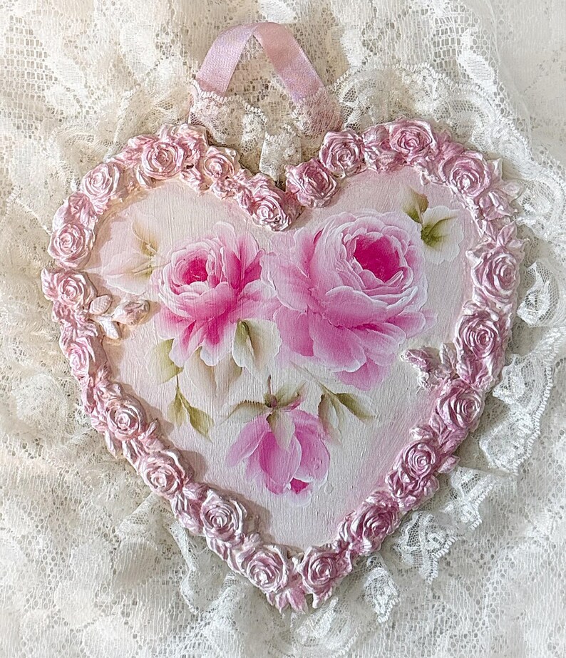 Pink HEART Shabby Chic Hand Painted Pink Roses Wall Hanging Plaque ...