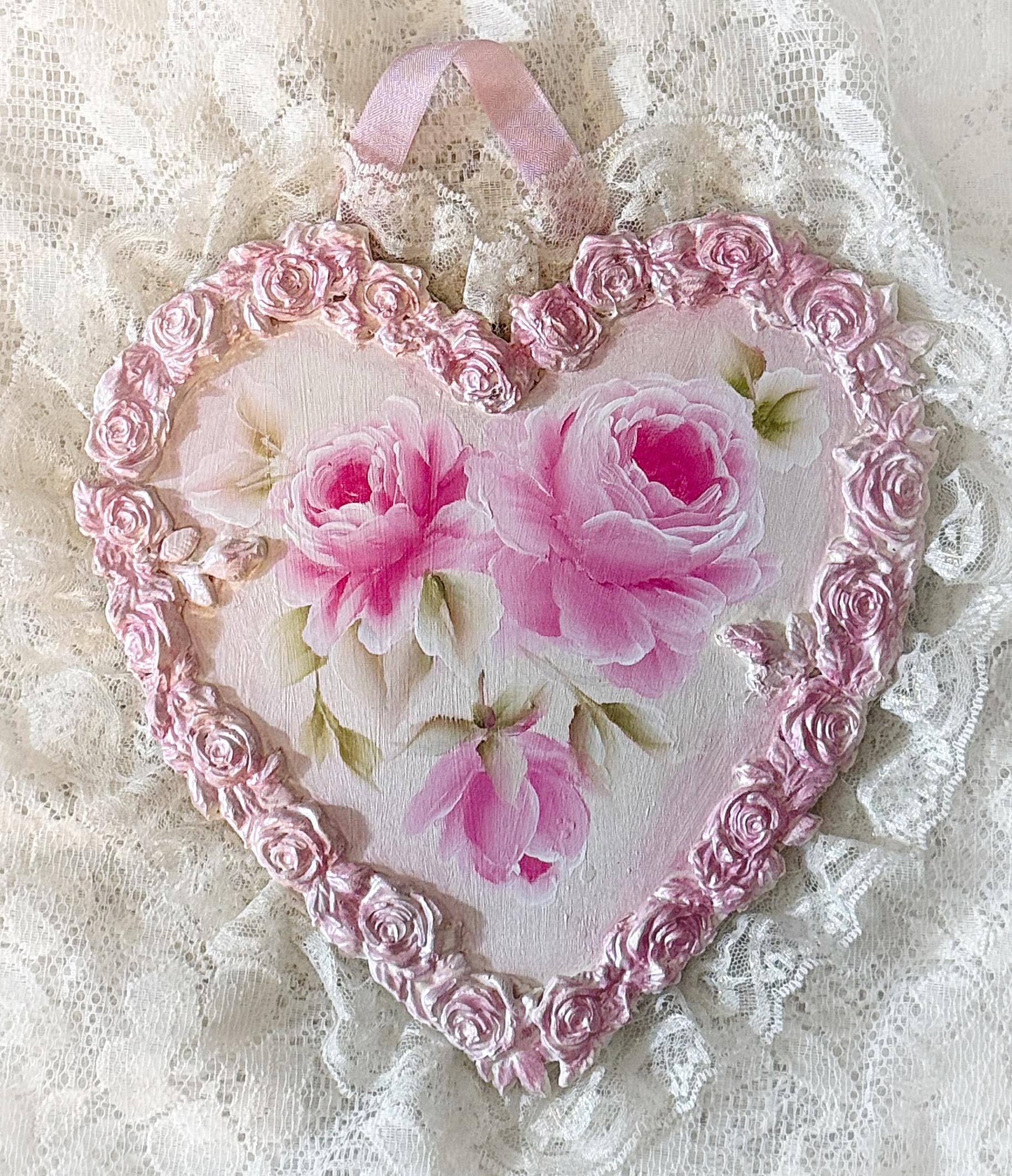 Pink HEART Shabby Chic Hand Painted Pink Roses Wall Hanging Plaque ...
