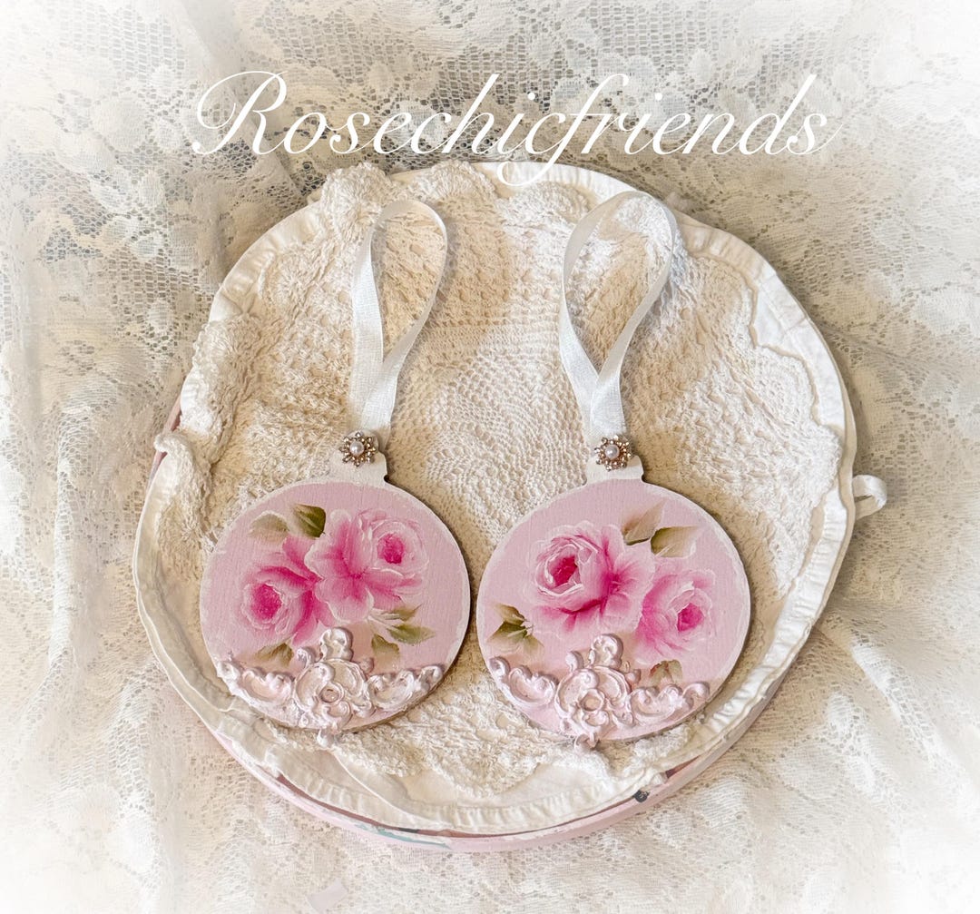 Hand Painted Roses on Pink Round Ornament Set Cottage Shabby Granny ...