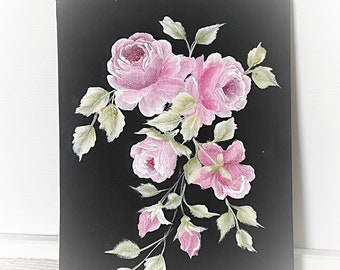 8x10 Black Stretched Canvas Hand Painted Painting Original Art Pink Roses Shabby Chic