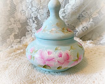 Pale BLUE Glass Candy Jar Hand Painted Pink Roses