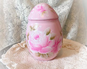 Hand Painted Pink Glass Egg Candy Jar: Shabby Chic Rose Spring Decor