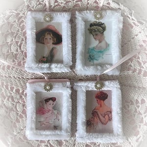 Set of 4 Victorian Ladies Christmas Winter Wood Tags Ornaments