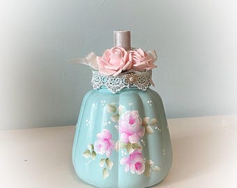 Hand Painted Aqua Pumpkin Candy Jar: Shabby Chic Pink Roses Decor