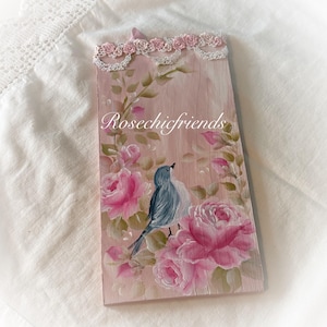 11x5.5 Pink Rustic Wood Hand Painted Blue Bird and Pink Roses Painting Original Art Shabby Chic Plaque