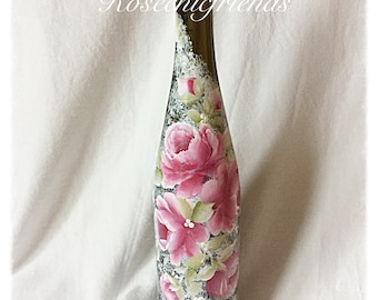 Oil/Soap Dispenser Wine Bottle Shabby Hand Painted Chic Red Roses ECS