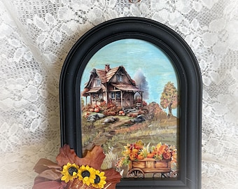Framed Fall House Pumpkin Picture Art Decor Decoration 7x5