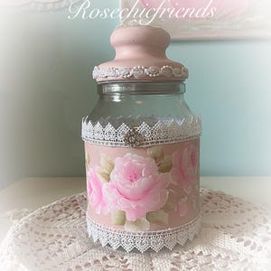 Clear Glass Candy Jar Hand Painted Pink Roses Shabby Chic