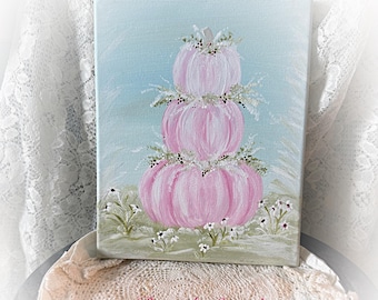 Original Pink Pumpkin Topiary Painting: 8x10 Cottagecore Canvas Art