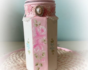 PINK Octagonal  Shaped Glass Candy Jar Hand Painted Pink Roses Shabby Chic