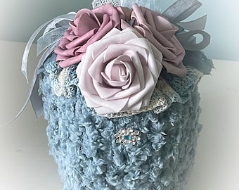 Chenille Yarn Pumpkin Decor: Pink Roses, Shabby Chic Fall Decoration