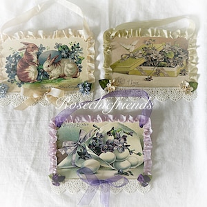 Conjunto de 3 cartões com imagens inspiradas no vintage, ornamentos, primavera, páscoa, chique gasto