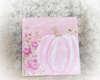 Pink Pumpkin Roses Painting: Shabby Chic Fall Art (12x12)