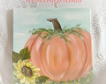 Coral Pink Pumpkin Sunflower Painting: Shabby Chic Fall Art (12x12)