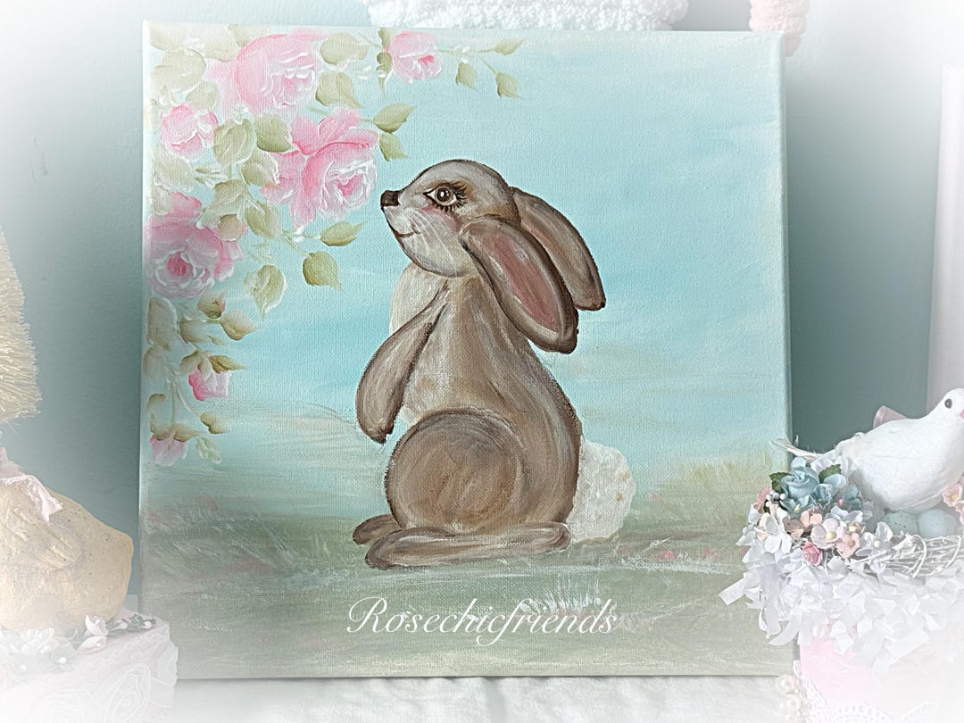 Hand Painted Bunny Rabbit Pink Roses 12x12 Stretched Canvas Painting ...