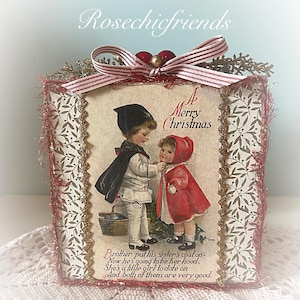 6x6 Wood Victorian Vintage 2 Children Christmas Plaque Ornament Shelf Sitter