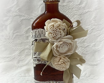 Upcycled Amber Perfume Decorative Bottle Shabby Chic Lace Vintage Ribbon ECS