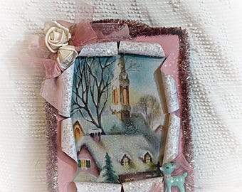 Winter Church Scene Busted Canvas Art: Shabby Chic Christmas Deer