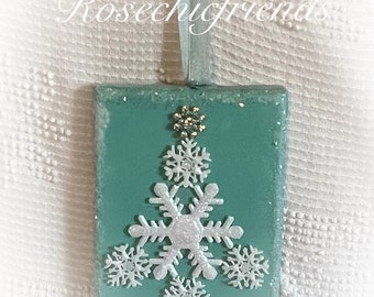 7x5 Aqua Teal Snowflake Christmas Tree Stretched Canvas Plaque Ornament Hand Painted Shabby Chic Cottage ECS