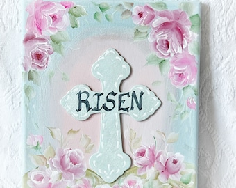 8x10 RISEN Cross Painting with Roses Shabby Chic Hand Painted